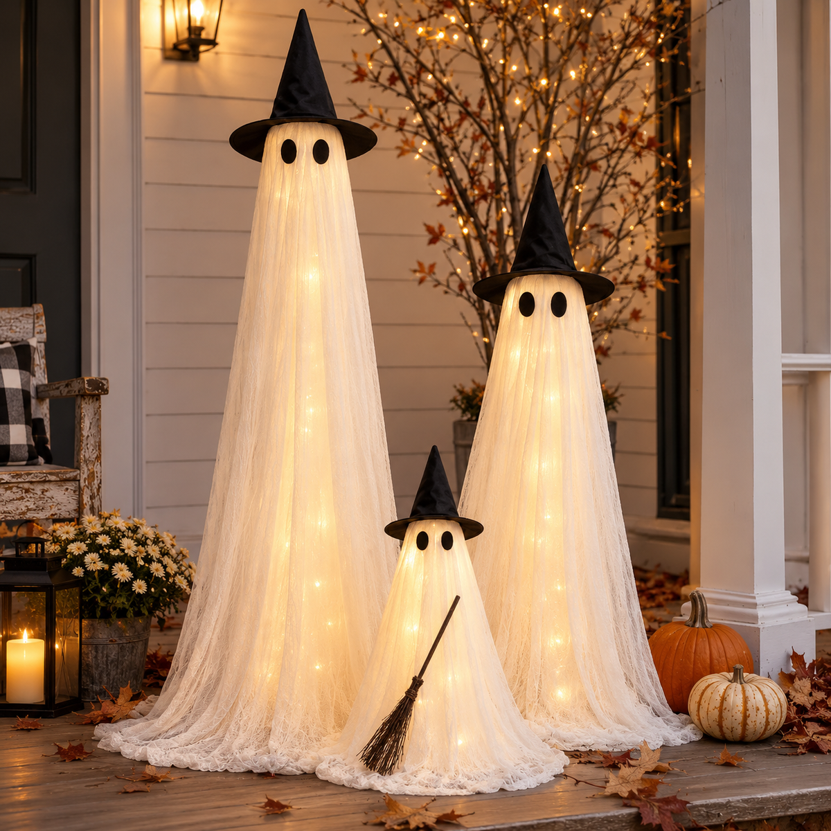 Three Halloween ghost decorations made of sheer white fabric with black pointed hats stand on a front porch, glowing with warm string lights. Two tall ghosts are larger, one smaller ghost, and a small broom rests in front of the smaller figure.