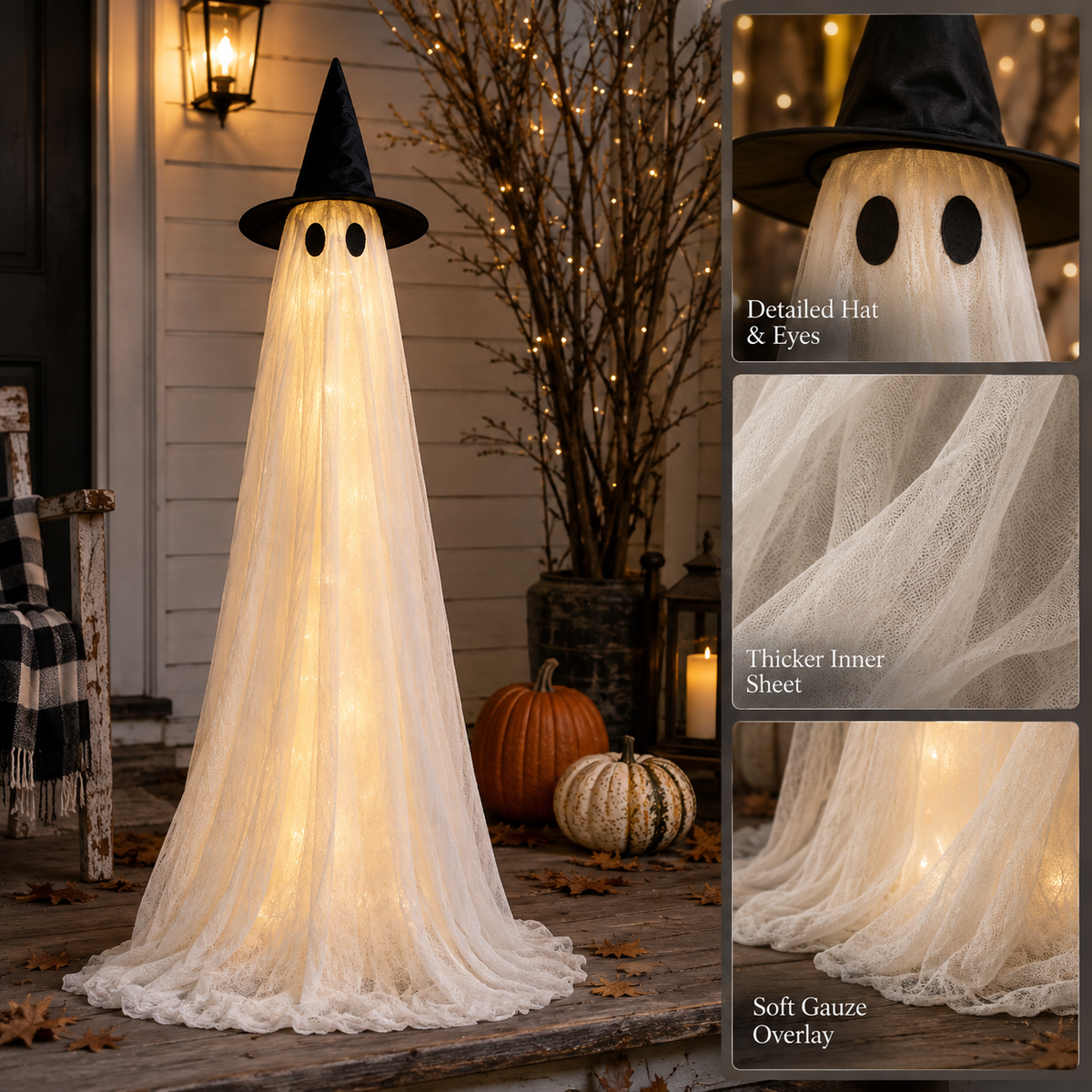 A Halloween ghost decoration made from a black pointed hat and a long white gauze sheet with warm white string lights, shown on a porch next to pumpkins and branches. Three inset close-ups highlight the hat, eyes, thicker inner sheet, and gauze overlay.